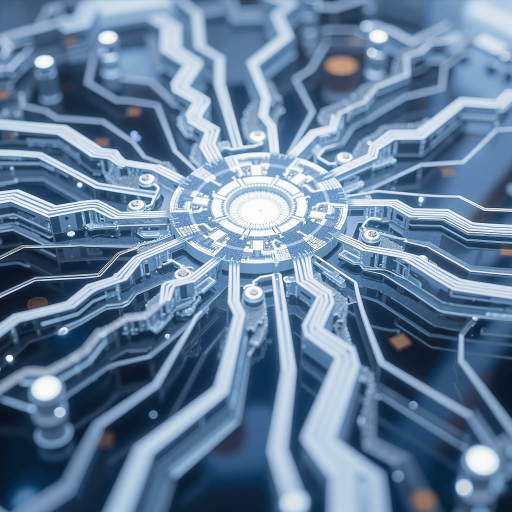 AI技术图标，蓝色渐变圆形背景，中心显示机器人和电路板图案，科技感十足